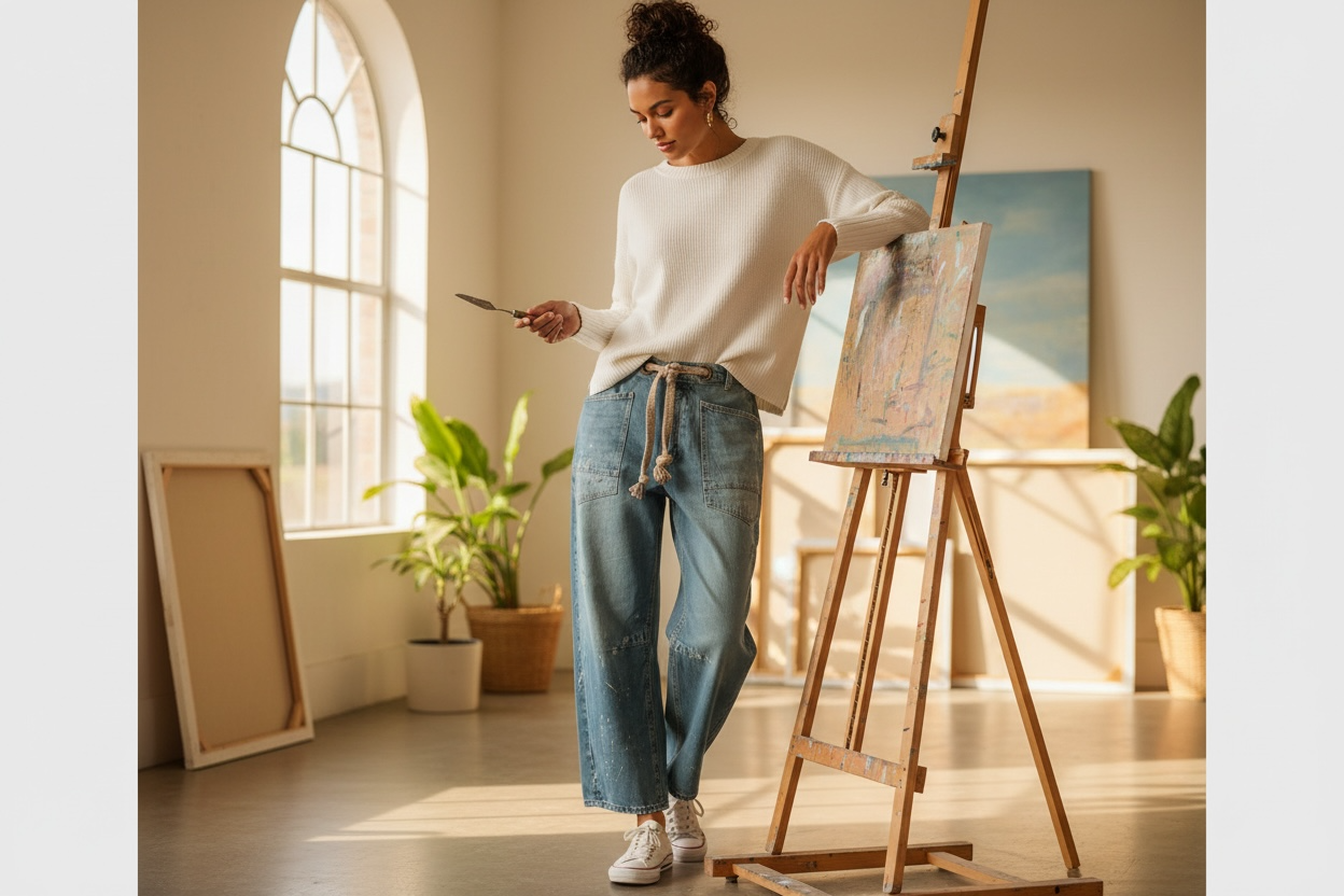 Woman in a white sweater and blue jeans standing next to an easel with a painting in a bright room.