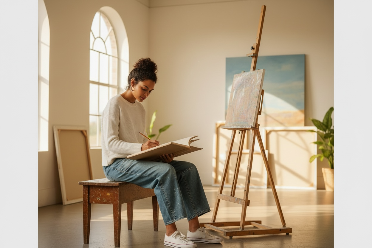 Woman sitting on a chair in a bright room, drawing in a sketchbook with an easel and painting in the background.