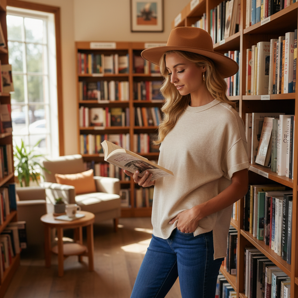 Woman reading a book in a cozy library setting