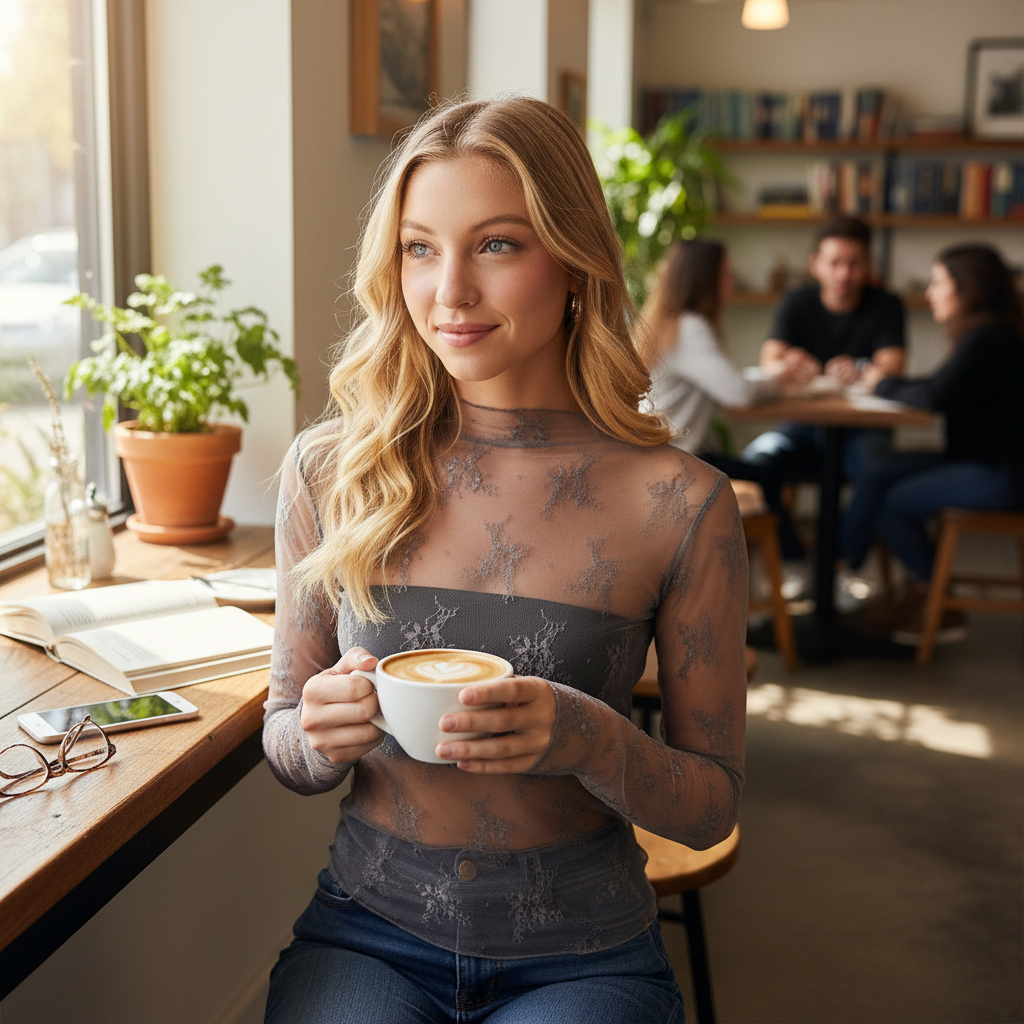 Woman holding a coffee cup in a cafe setting