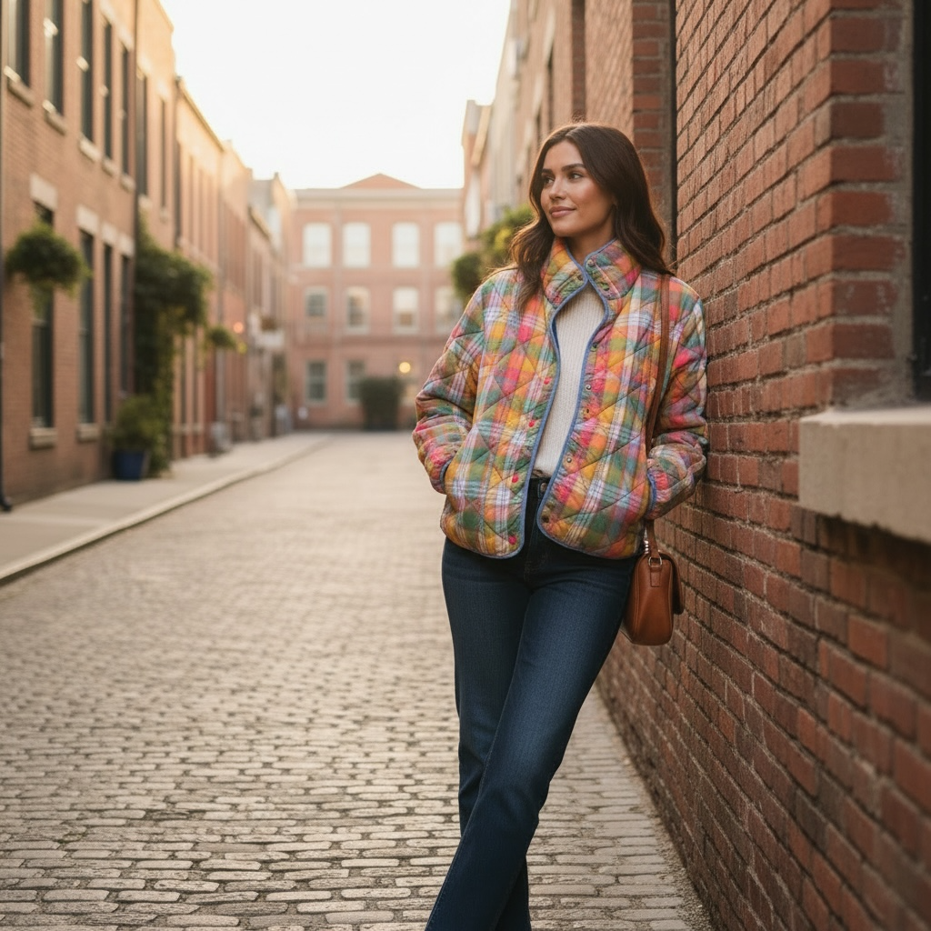 Woman in a colorful plaid jacket standing against a brick wall on a cobblestone street.