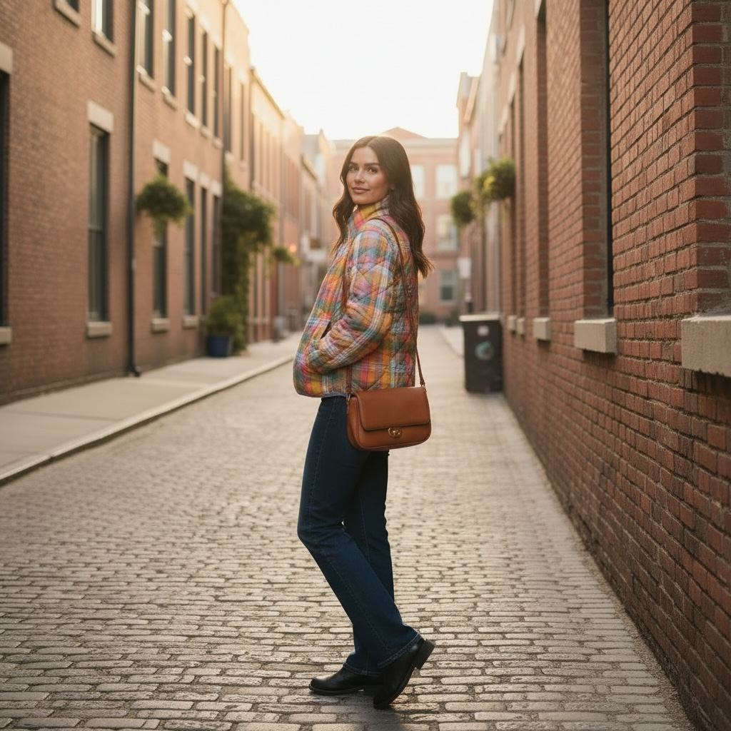 Woman in a plaid jacket and jeans walking down a brick alleyway.