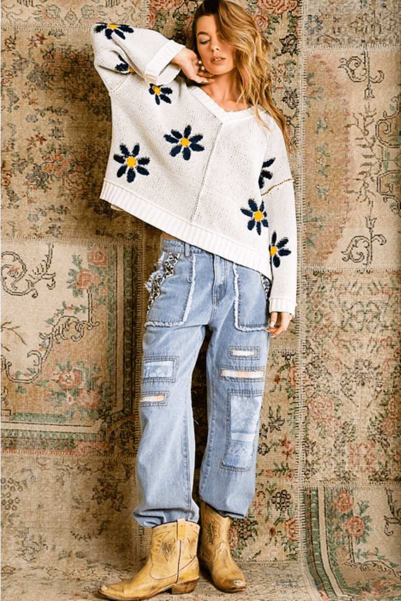 Berber Floral Chenille Sweater - Blue Mimosa Boutique