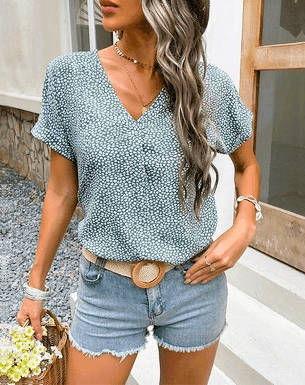 Green Printed V-Neck Top - Blue Mimosa Boutique