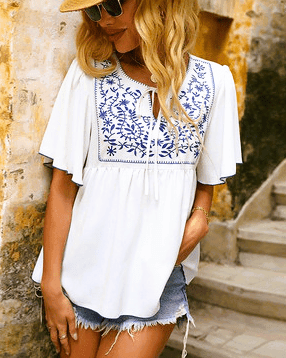 Printed Lace Up Top - Blue Mimosa Boutique