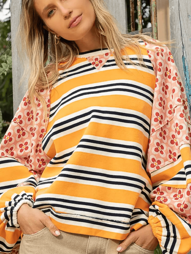 Stripe and Floral Knit Top - Blue Mimosa Boutique